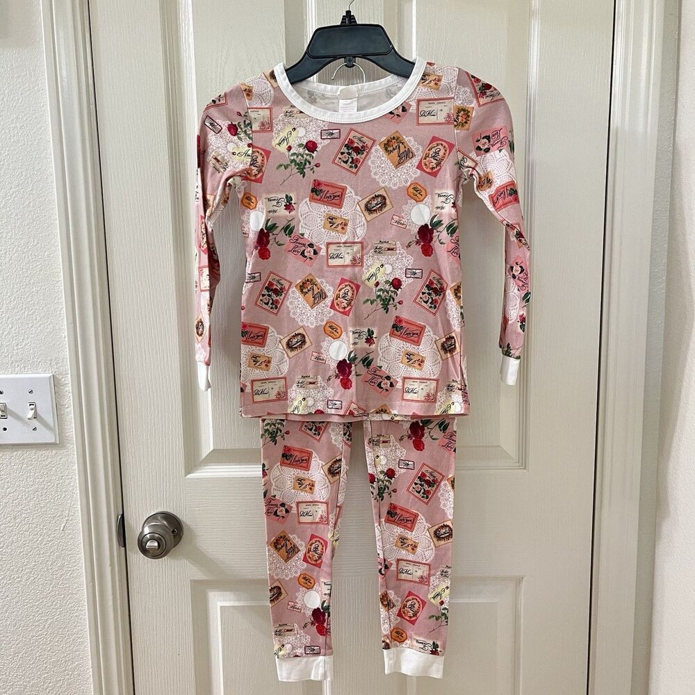 Pink Elephant Organic Cotton Love Notes 2-Pc Long John Pajamas Set Girls Size 10